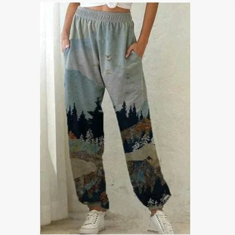 Women Mountain Print Sweatpant Cotton Casual Summer Elestic High Waist Trousers Cargo Pants 2020 Sporting Streetwear Pants