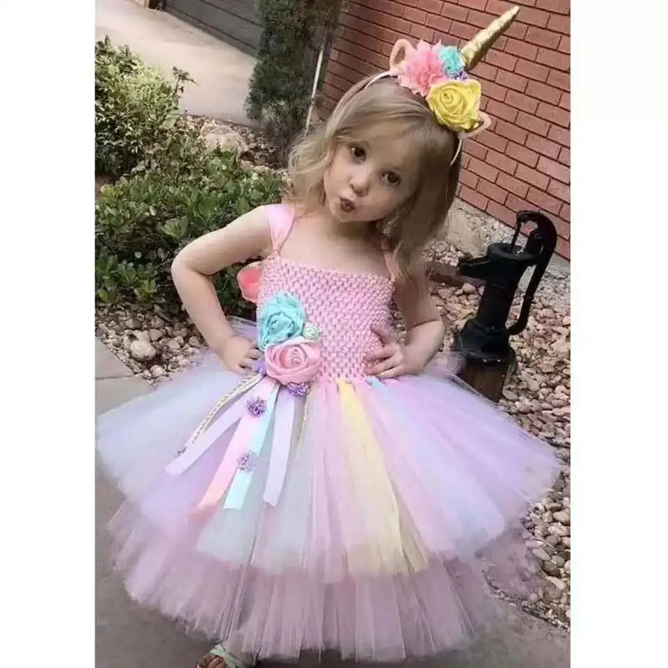 Girls white Unicorn Flower Tutu Dress Kids Fluffy  Tulle Dress Ball Gown Birthday Party Halloween Unicorn Tutu Costume