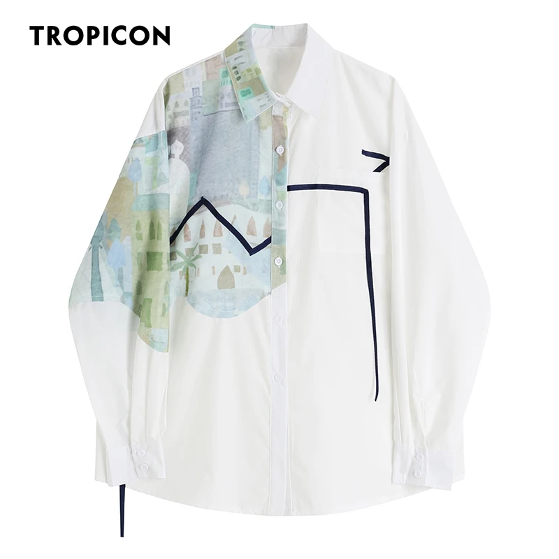 TROPICON Ribbon Fall Aesthetic Shirt Long Sleeve Top Women Blouse Cotton Print Button Up Collar Designer Shirt Fashion Clothing