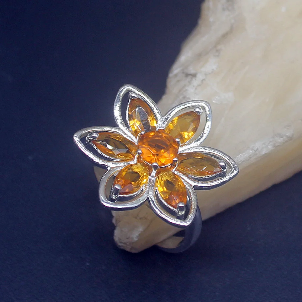 

Hermosa Beautiful Flower Yellow Citrine Genuine 925 Silver Unique Band Ring Wedding Engagement Gifts for Women Size 9# 20214039