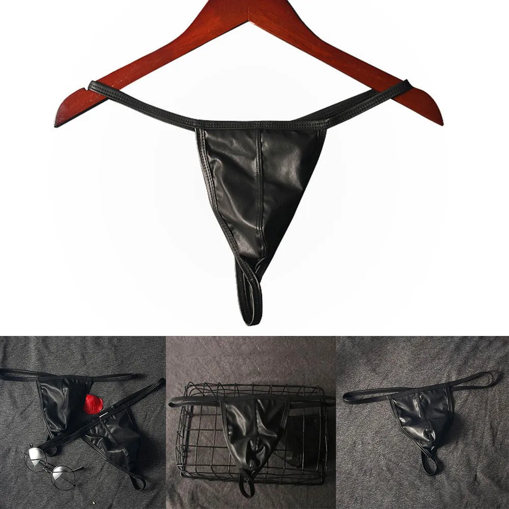 Ropa interior de cuero sintético para hombre, bragas con bolsa en T, Bikini, Tanga, lencería Sexy erótica