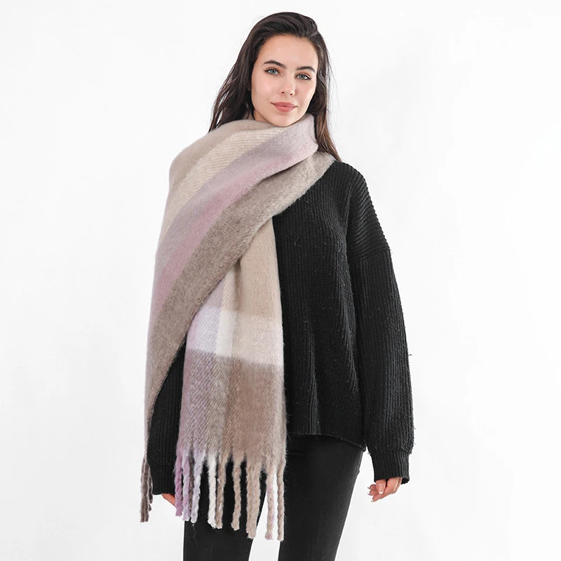 Fashion Imitation Cashmere Women Vintage Plaid Scarf Winter Warm Knitted Casual Mohair Tassel Wild Female Thick Shawl Long Wrap