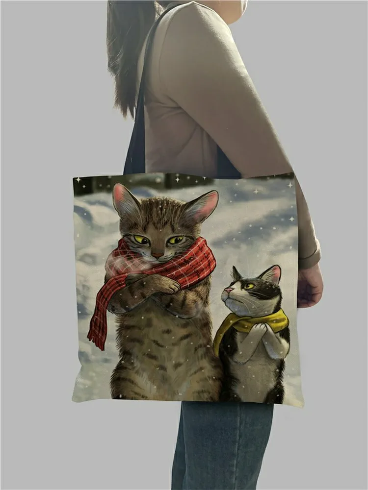 Custom Creative Cat Oil Painting Print Tote Bag For Women Lady Casual Handbags Shoulder For Traveling School Shopping Bags