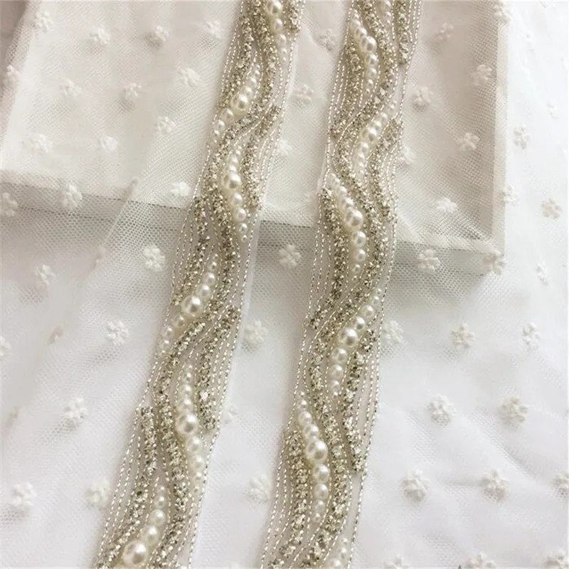 1yards Rhinestone Lace Trims Applique For Sewing Clothing Wedding Dress Accessories White Mesh Waistband Lace Decoration