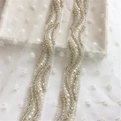 1yards Rhinestone Lace Trims Applique For Sewing Clothing Wedding Dress Accessories White Mesh Waistband Lace Decoration