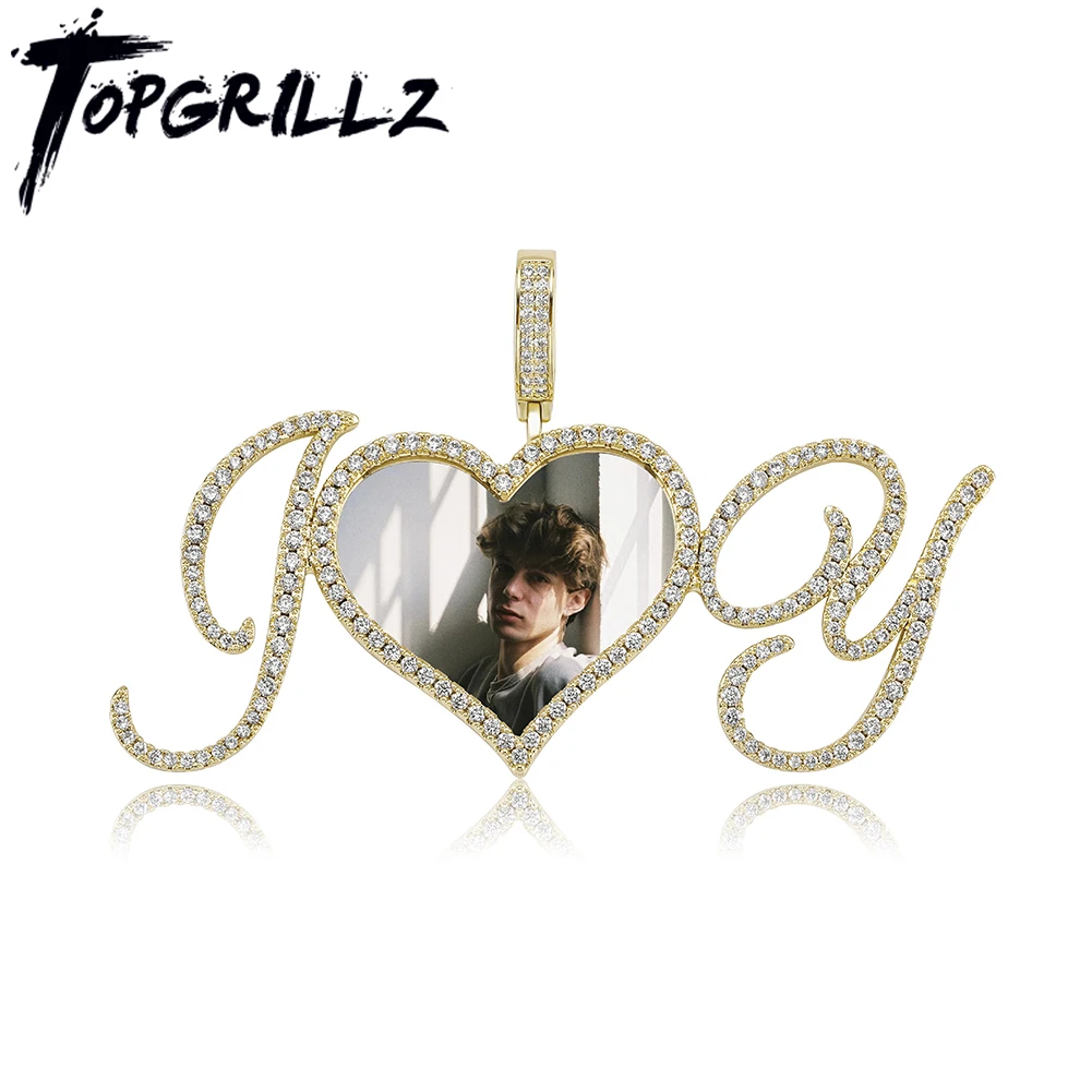 

TOPGRILLZ 2021 New Custom Photo Pendant Necklace With Cursive Letters Gold Plated Hip Hop Fashion Jewelry Gift For Men Women