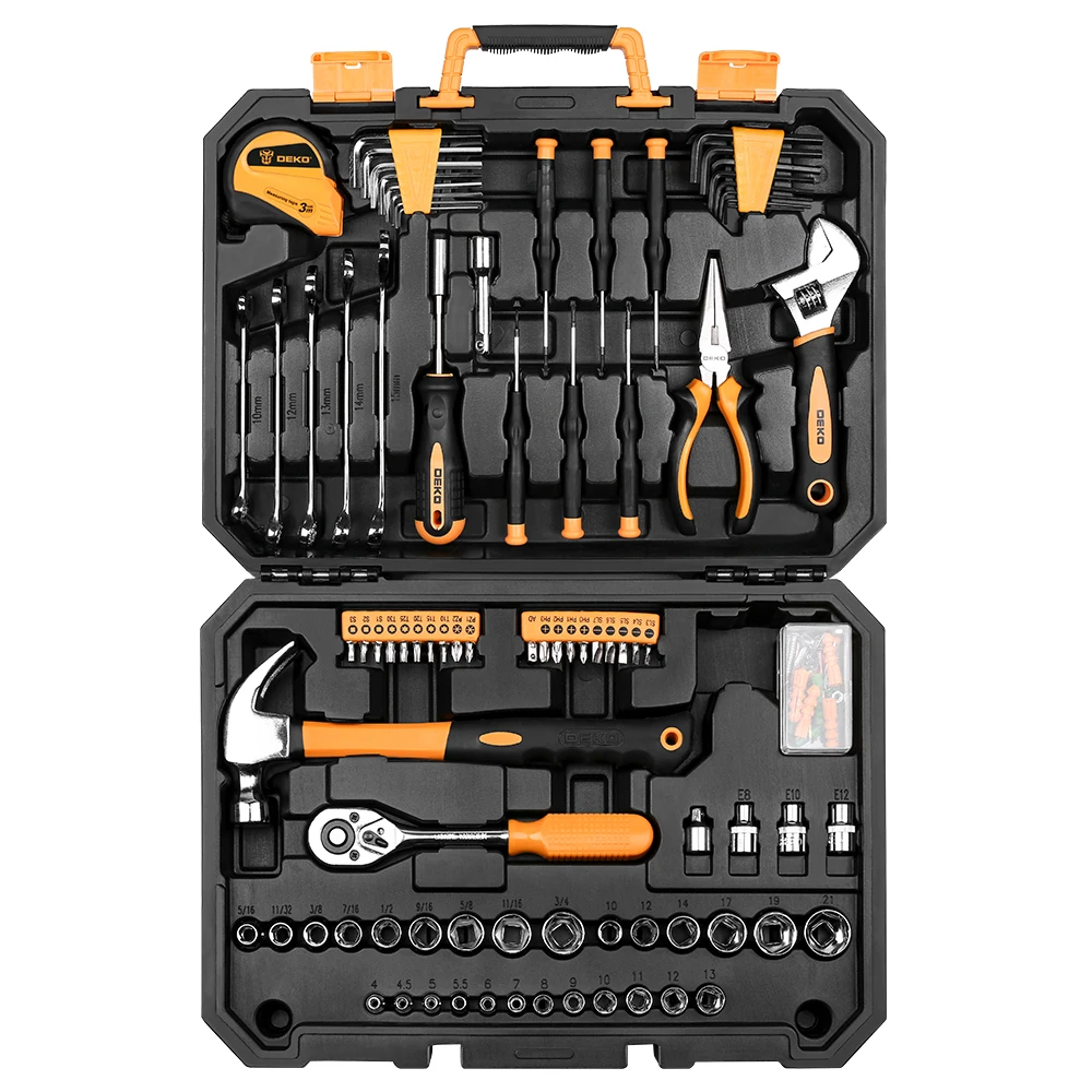 DEKO DKMT128/DKMT196 Home DIY Tool Set Auto Repair Combination Package Hand Tool Kit with Plastic Tool box, Screwdriver, Hammer