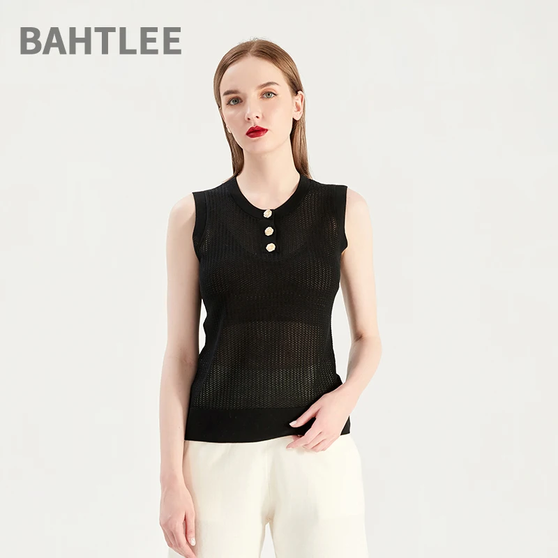 BAHTLEE-Women's Sleeveless Knitted Sweater, O-Neck Pullovers, Button, Spaghetti Strap, Hollow Out, Black and White, Summer