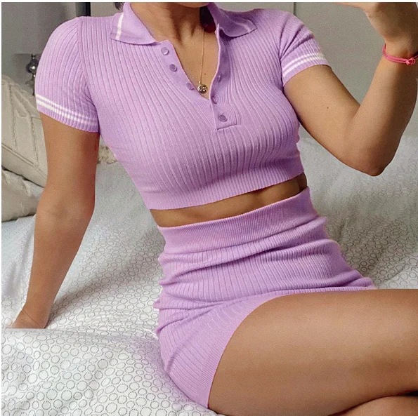 Knit Women\'s Skinny Crop Top Two Piece Set 2022 Spring New Polo Collar Short Sleeve Mini Skirt Sets Ladies Sexy Sweet Suits
