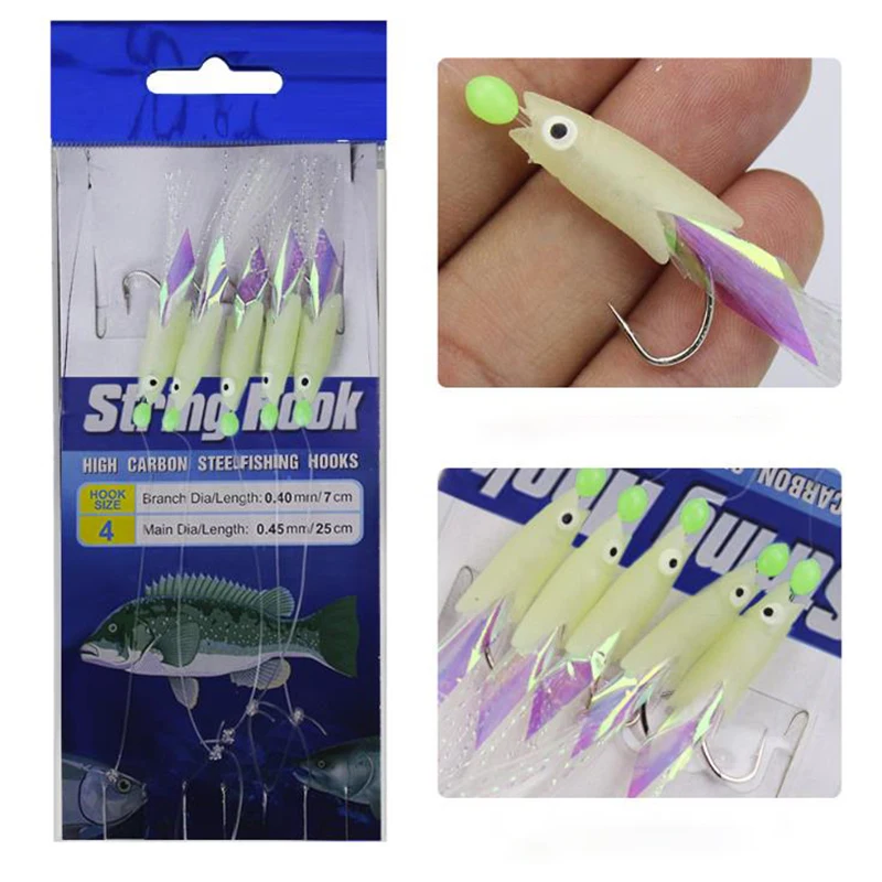 DYGYGYFZ 5Pcs/bag High Carbon Steel Astringency Mackerel Feathers Bass Lure Luminous Fishing Hook Bait Hooks Wire Tool