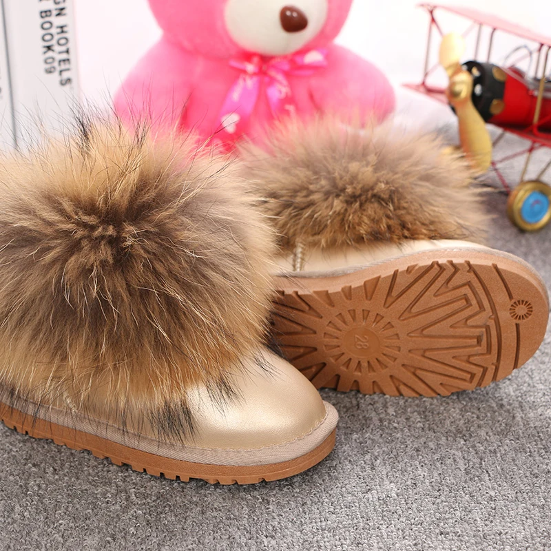 Genuine Leather Children Shoes Customized Kids Snow Boots Natural Big Fox Fur Cold Winter Boys Girls Warm Botas Baby Boots