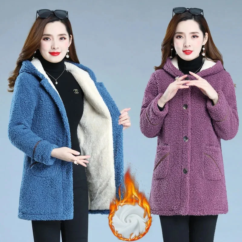 Mother Winter Warm Coat 2022 New Fashion Middle-Aged Women\'s Autumn Thick Velvet Jacket Thick Hooded Padded Jacket Female Button