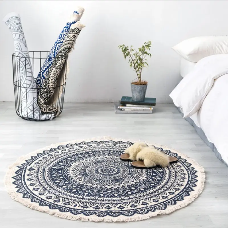 Marokko Runde Teppich Boho Stil Quaste Baumwolle Stoff Teppich Matte Tür Decke Decor M68E