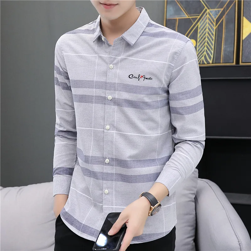 

New Men's Spring Simplicity Fashion Harajuku Youth Lapel Stripe Cotton Shirt Embroidery Letter Long Sleeve Handsome Slim Leisure