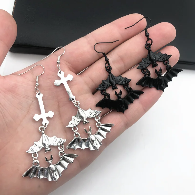 

Dark Halloween Gothpunk Upside Down Bat Cross Hook Earrings Wholesale Jewelry