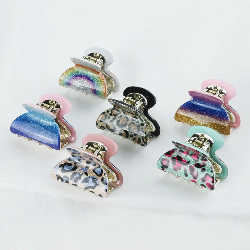 6PCS Acetate Acrylic Small Crab Hair Claw Clips Women Girls Cute Print Leopard Plastic Hair Clamps Barrette Hair Accessories Set