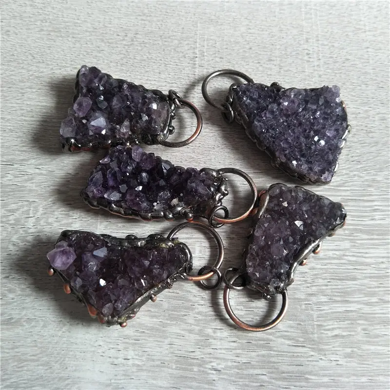 FUWO Hot Sale Amethysts Pendant With Antique Copper Plated Brass Accessories Raw Quartz Drusy Meditation Retro Jewelry PD369