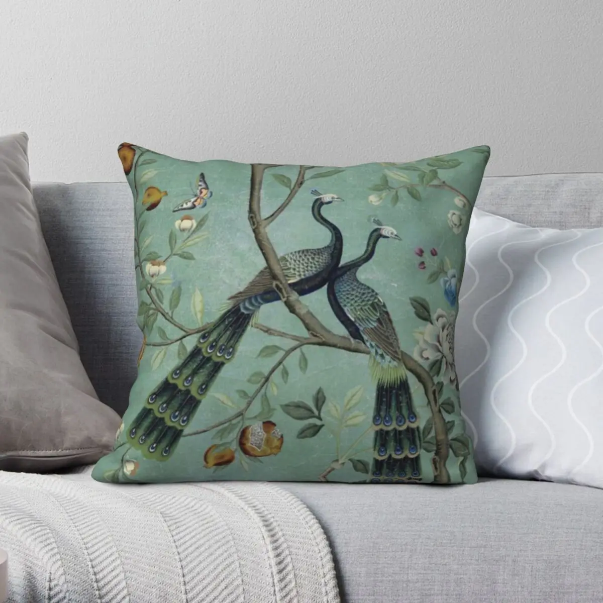 

A Teal Of Two Birds Chinoiserie Square Pillowcase Polyester Linen Velvet Pattern Zip Decorative Throw Pillow Case Home 18