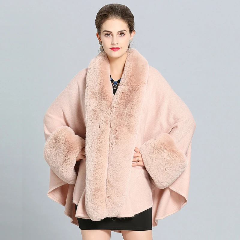 Wide Good Faux Rex Rabbit Fur Collar Coat Cape Fashion Loose Bat Sleeve Soft Knit Overcoat Women Winter Party Dress Cloak