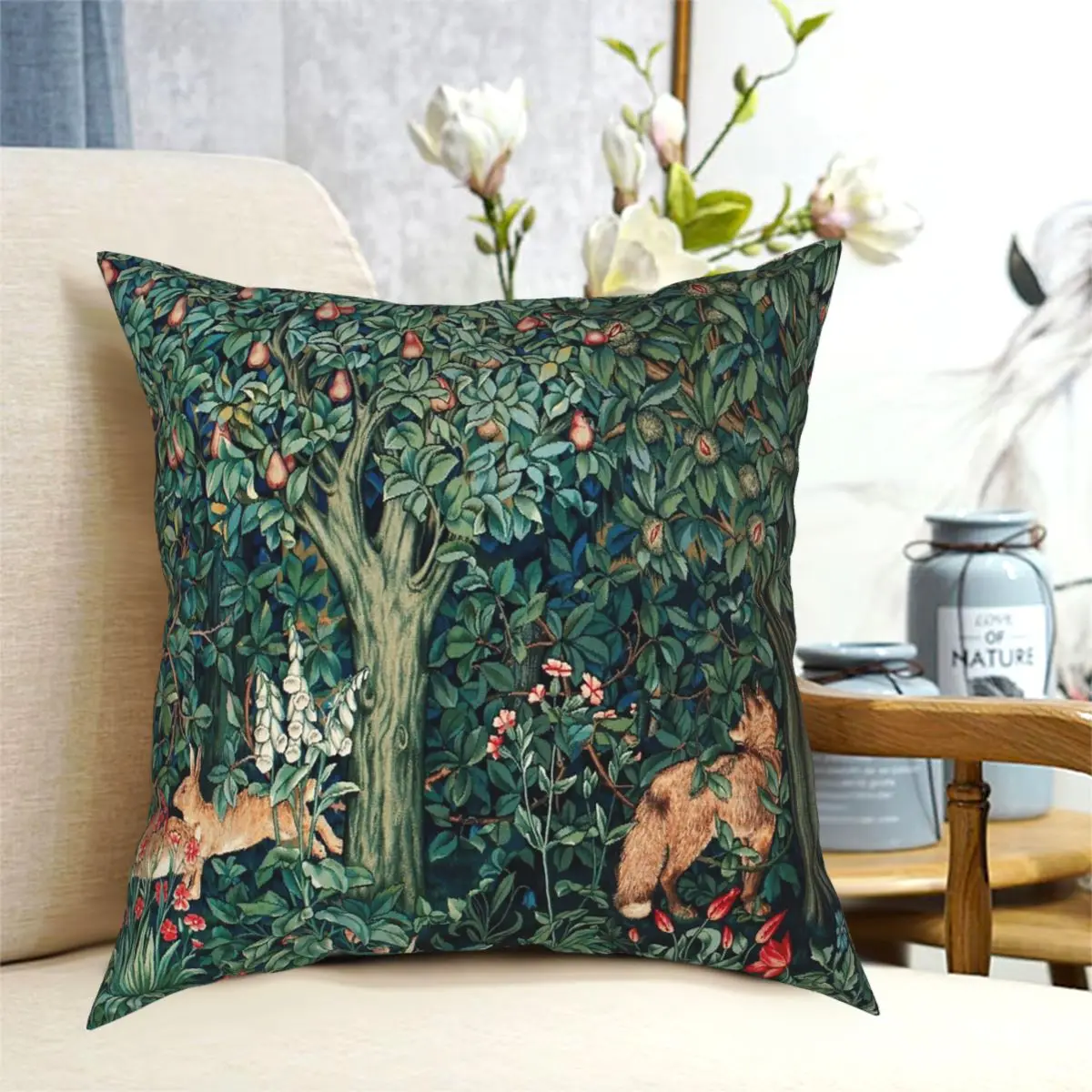 GREENERY FOREST ANIMALS Fox And Hares Floral Tapestry Square Pillowcase Polyester Pattern Zip Decor for Car Cushion Cover 18