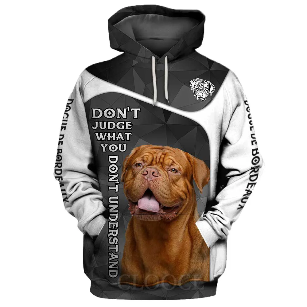 

HX Animals Hoodies 3D Graphic Don't Judge Dogue de Bordeaux Hoodie Pets Dog Pocket Pullovers Sweatshirts Men Clothing