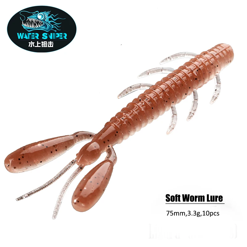 WATER SNIPER Soft Worm Lure 75mm 10pcs Craws Artificial Baits For Carp Fishing Fake Bait