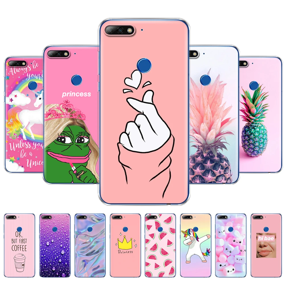 cover phone case for huawei Y7 2018/Y7 Prime 2018 soft tpu silicon back cover 360 full protective printing pink summer