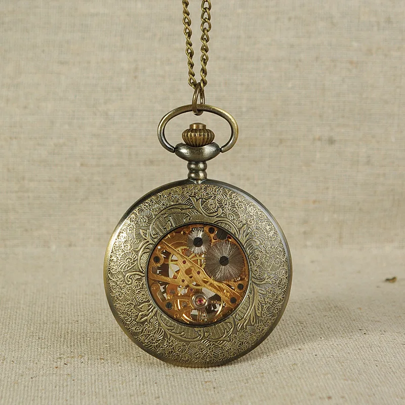 Retro large hollow leaf pattern black face flip thin chain mechanical pocket watch