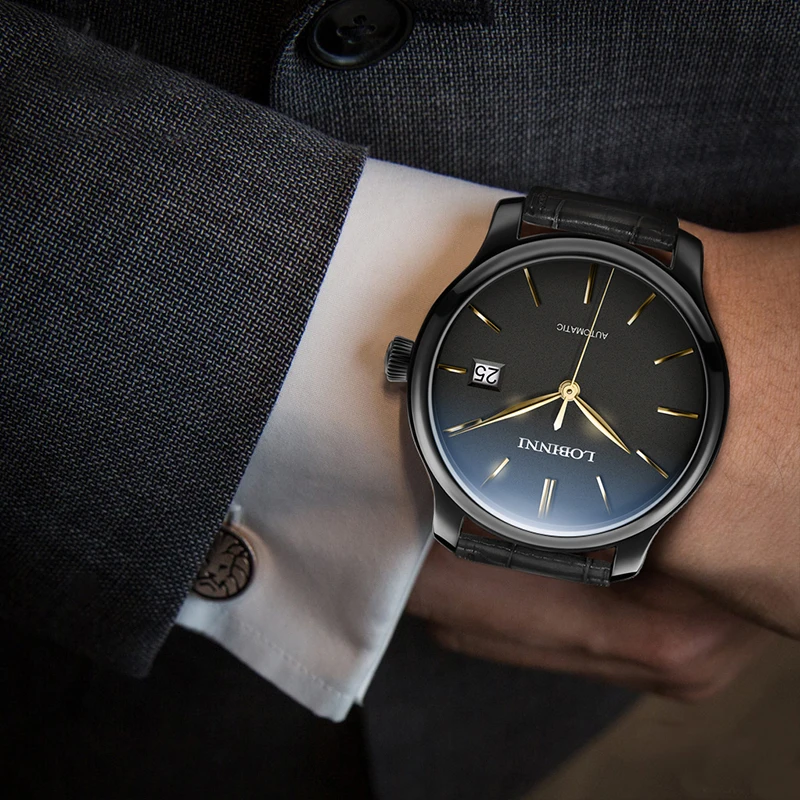 LOBINNI Nuovi orologi meccanici classici da uomo Orologio impermeabile da lavoro Orologio automatico automatico in vera pelle di marca di lusso