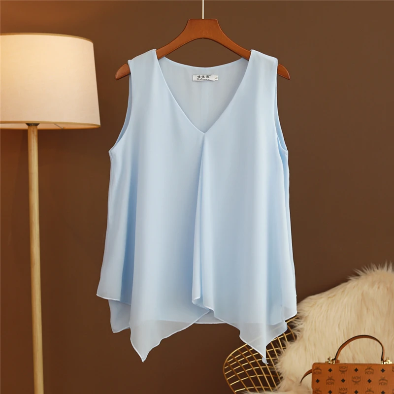 Fashion Women Chiffon Blouses Ladies Tops Loose Sleeveless V Neck Shirt Blusas Femininas Plus Size M-5XL Female Clothing XZ808