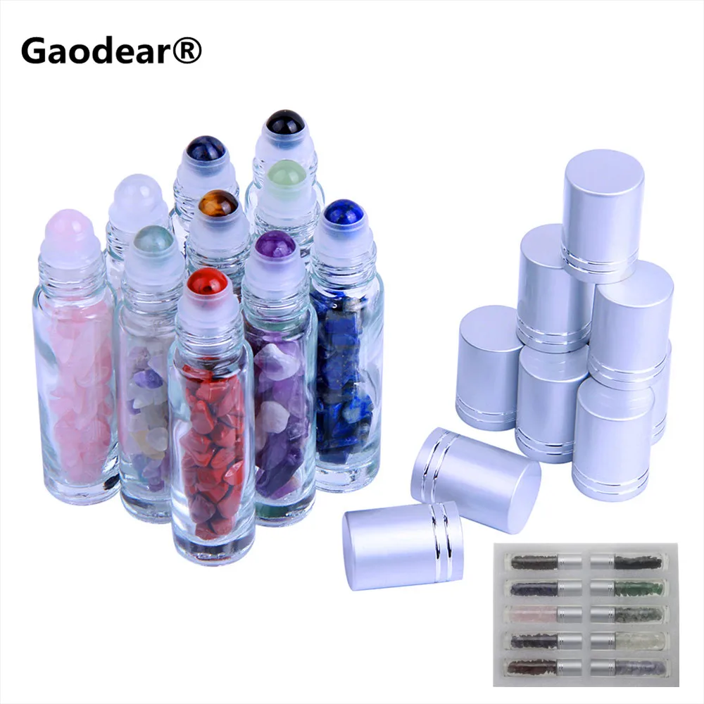 10pcs Gemstone Essential Oil Bottles Refillable Roll-On Roller Storage Bottle Healing Crystal Chips Semiprecious Stones Bottles