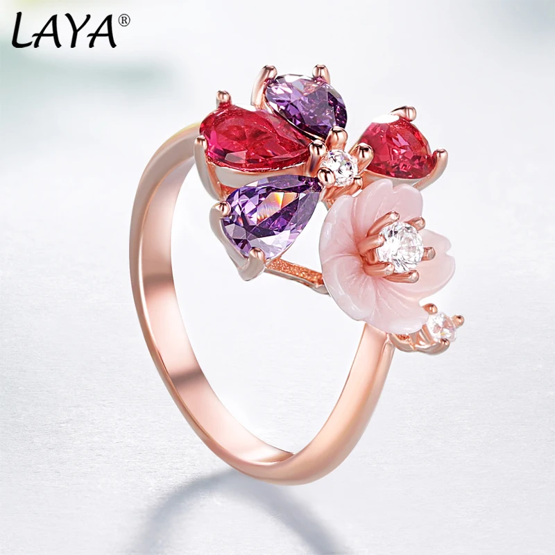 LAYA Drop Earrings And Ring 925 Sterling Silver Bohemian Shining Zircon Black Pink Flower Party Bridal Wedding Jewelry Sets