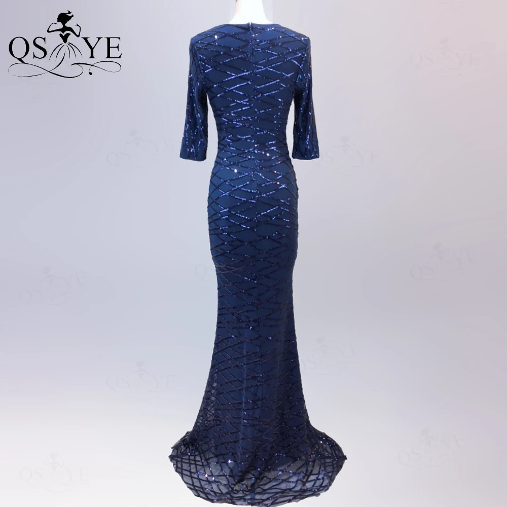 Vestido de noche azul marino con lentejuelas para mujer, Vestido Formal elegante con cuello alto y mangas largas, cola de pez, corte azul