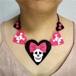 KUGUYS Peach Heart Skeleton Big Bowknot Skull Pendant Necklace for Women Gothic Halloween Black Chain Acrylic Jewelry