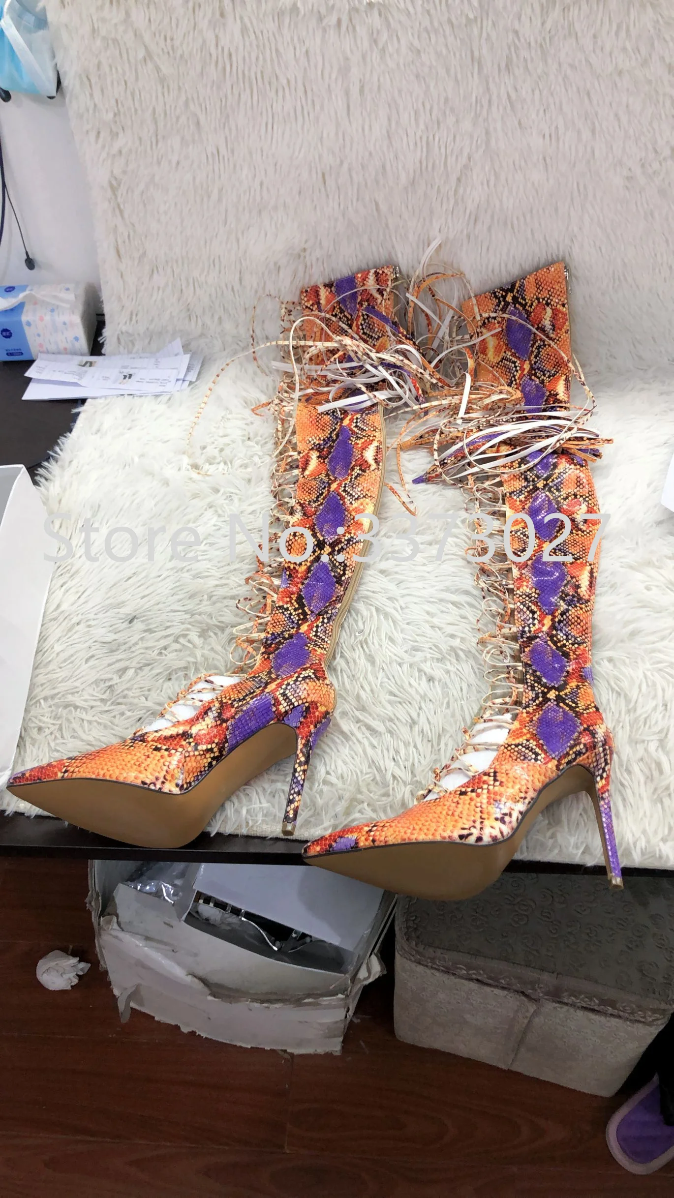 Pointed Toe Cross-tied Woman Long Boots Summer Colorful Snakeskin Over-the-knee Sandal Boots Lace Up Female Motorcycle Booties