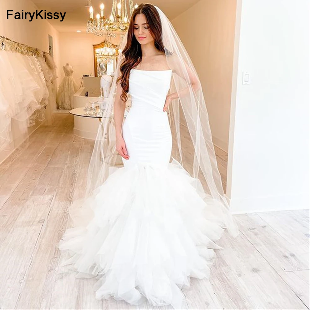 Fairykissy elegante cetim tule vestidos de casamento sereia sem alças sem mangas branco princesa vestidos de festa de casamento para mulher 2021