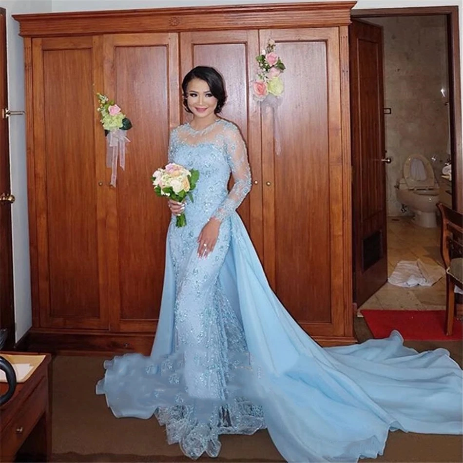 Luz céu azul mãe da noiva vestido com trem destacável overskirt sparkly rendas sereia noite baile de formatura vestidos de festa de casamento