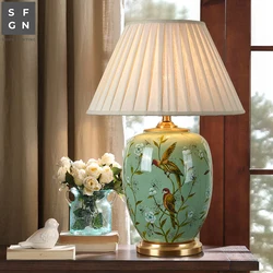 Copper Table Lamp American Style for Living Room Jingdezhen Ceramic Luxury Bedroom Bedside Lamp Decorated LED Lamps