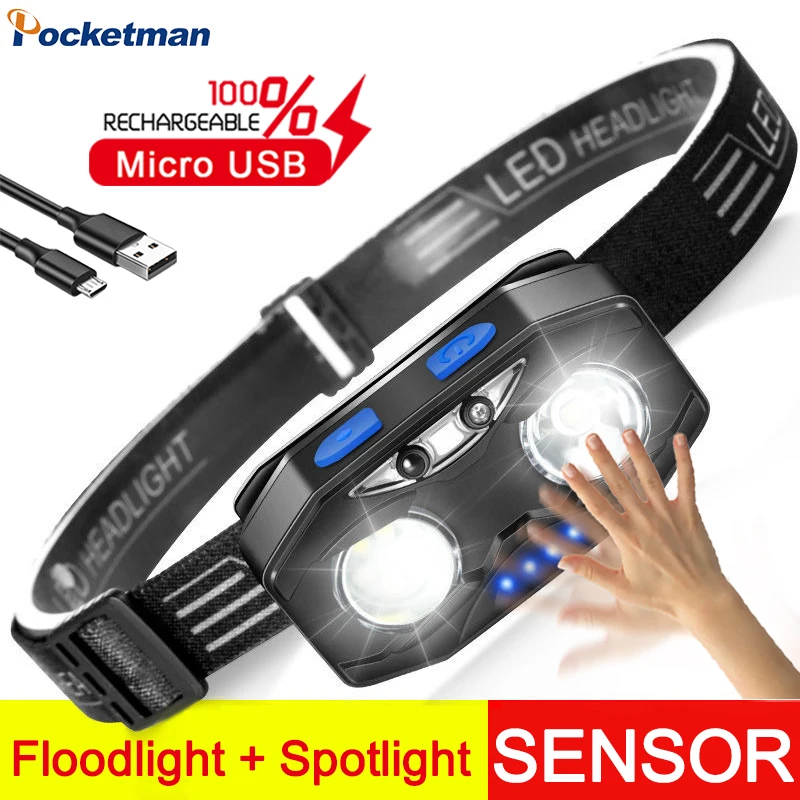 

Brightest High Lumen Headlamp Floodlight+Spotlight USB Headlight IR Sensor Head Front Lights Waterproof 6 Modes Headlamps Torch