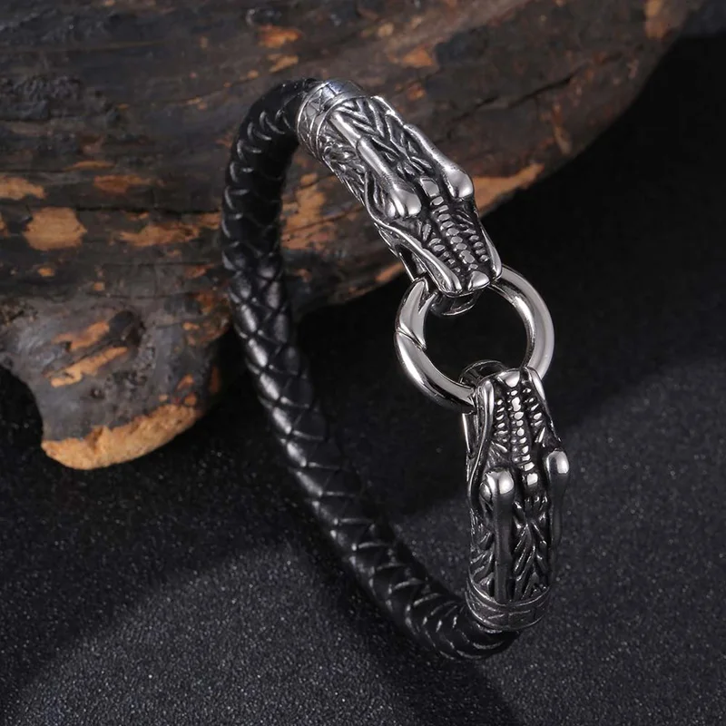 

Punk Style Bangle 316L Stainless Steel Snake Head Charms Trendy Men's Bracelet Black Braided Leather Bracelets BB1215