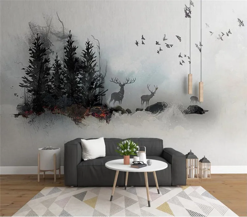 Xuesu papel de parede personalizado, novo design artístico chinês tinta abstrata paisagem alças pássaro fundo parede