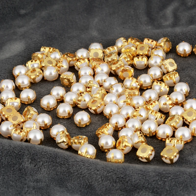 8mm Gold Round Sew On Pearl Rhinestone Flatback Sewing Ivory Pearl Rhinestone With Claw DIY For Dresses Decoration