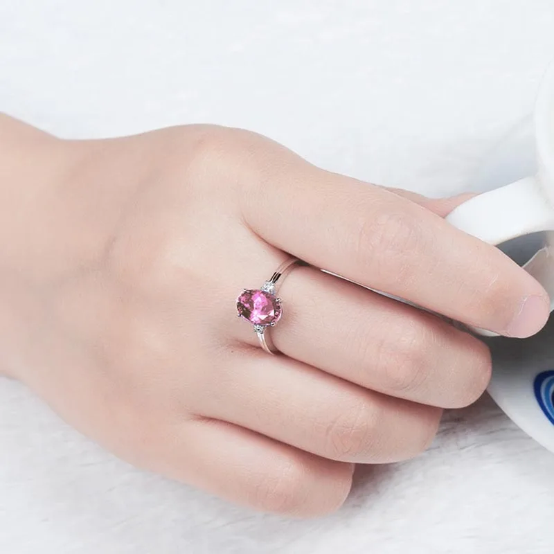 Cellacity classic Sapphire Silver  Ring with oval green/pink/blue gemstone adjust size luxury silver jewelry gift for woman
