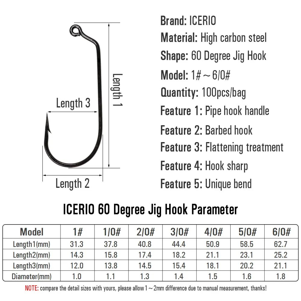 ICERIO 100PCS Hight Carbon Steel 60 Degree Jig Hook Barb Freshwater Saltwater Forged Steel Wire Hooks