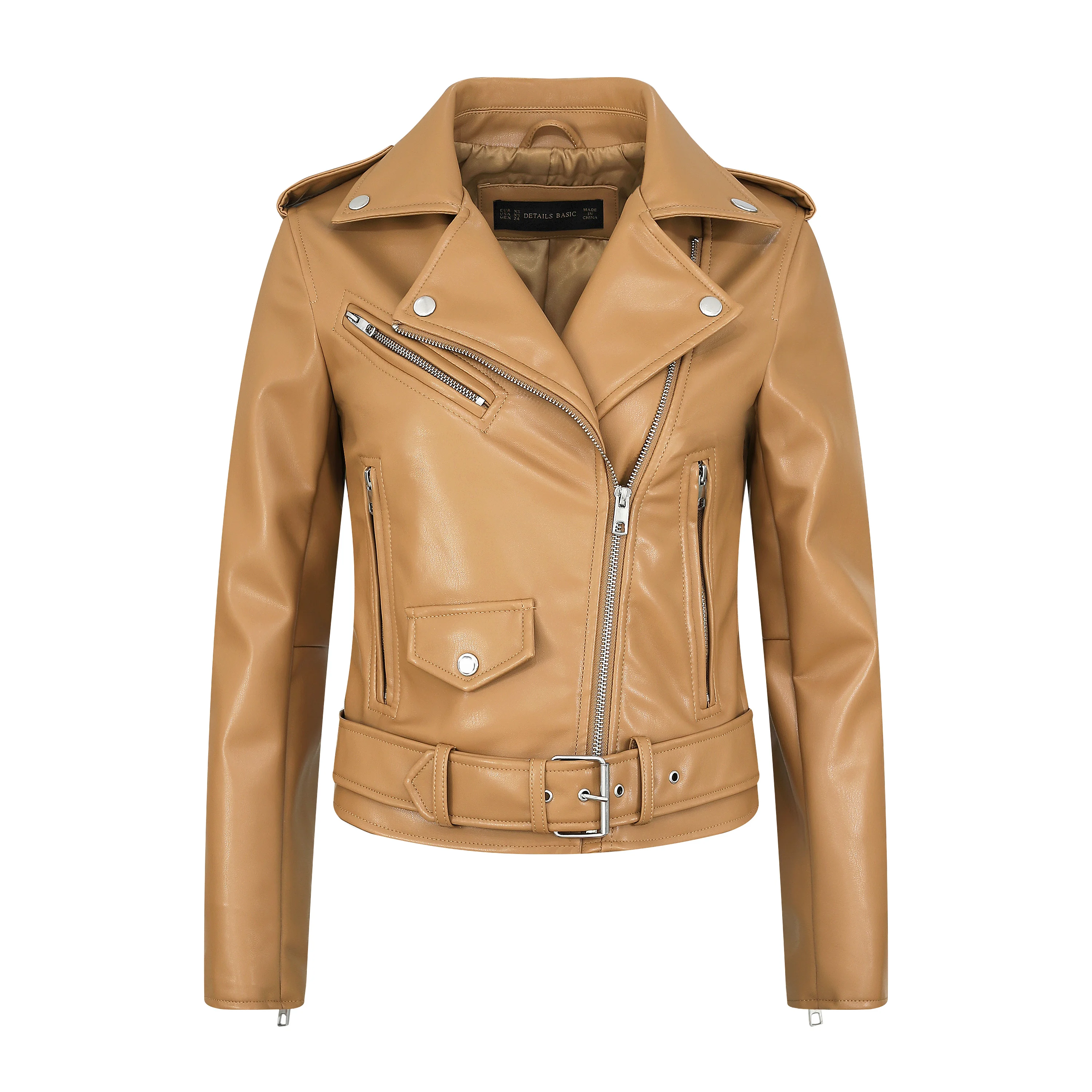 New Spring Autumn Winter Women Beige Color Fashion Motor Biker Jacket Pink Khaki Black Leather Jacket Woman