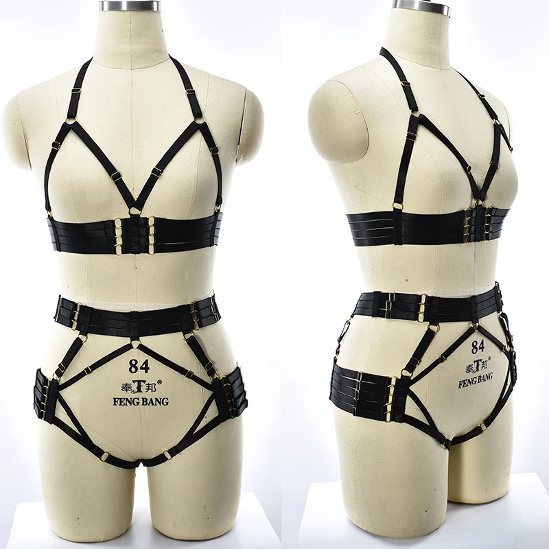 

Women Body Harness Bra Sexy Lingerie Set Black Body Cage Pastel Goth High Waist Leg Garter G-string Bondage Harness Set