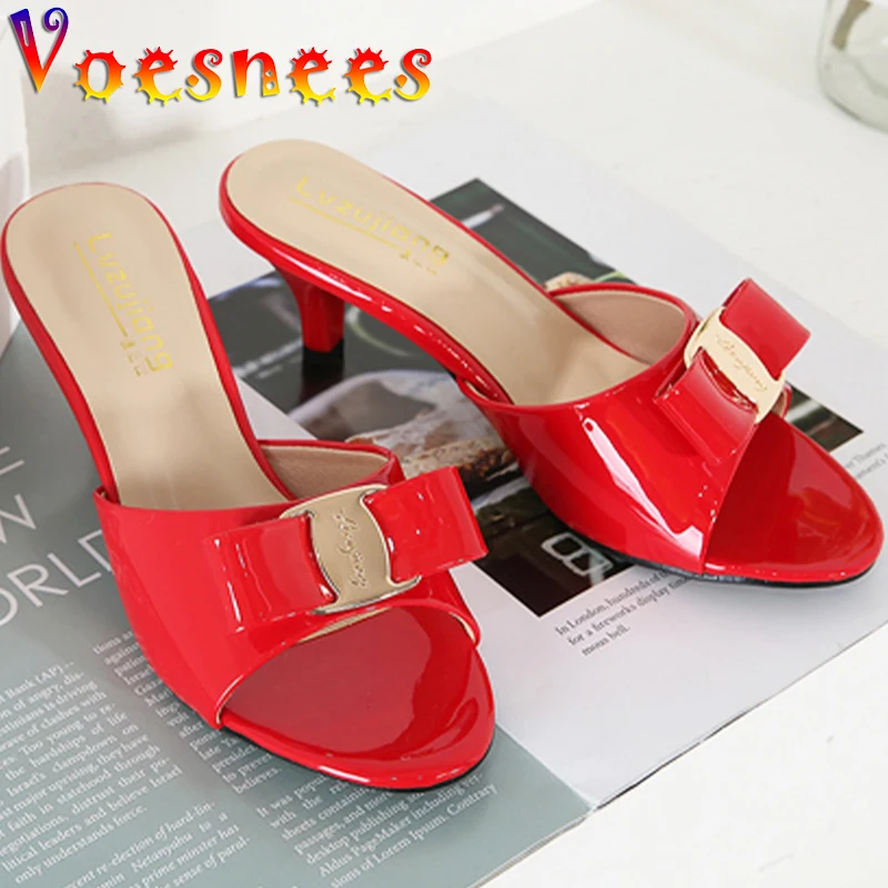 Summer Women Shoes Low Heel Modern All-Match Slippers Metal Decoration Butterfly-Knot Shallow Mouth Thin Heel Sandals High Heels