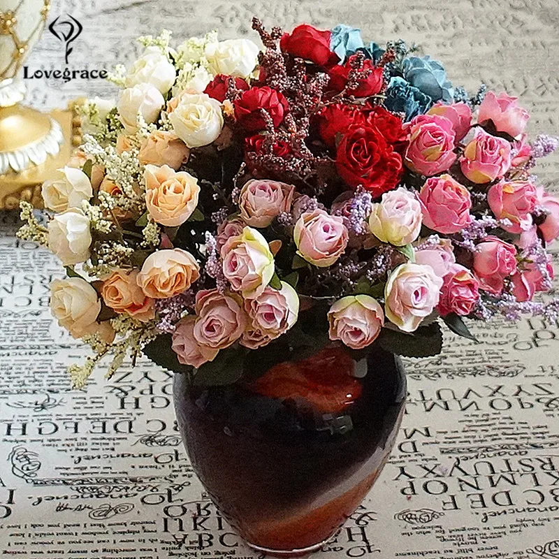 Ramo de flores artificiales de seda roja rosa de tela, 15 cabezas, pequeño ramo de novia de franela, Decoración de mesa para el hogar de boda, flores falsas