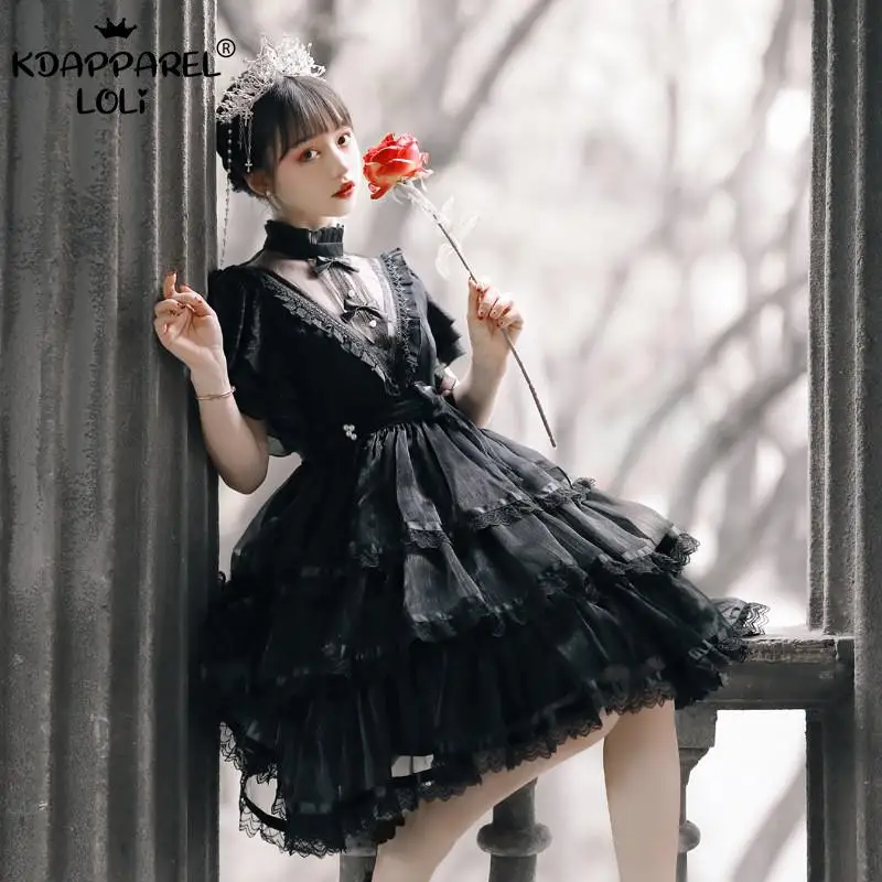 Fairy Lolita OP Dress Sweet Girls Cute Teens Short Sleeve Knee Length Solid Color Bow Lace Ruffle Gauze Net Yarn Black White New