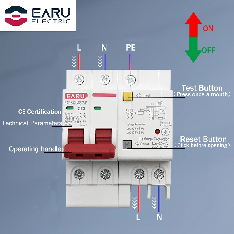 40A 2P SPD Residual Current Circuit Breaker With Overload Overvoltage RCBO RCCB Lightning ป้องกัน MCB ป้องกันการรั่วซึม